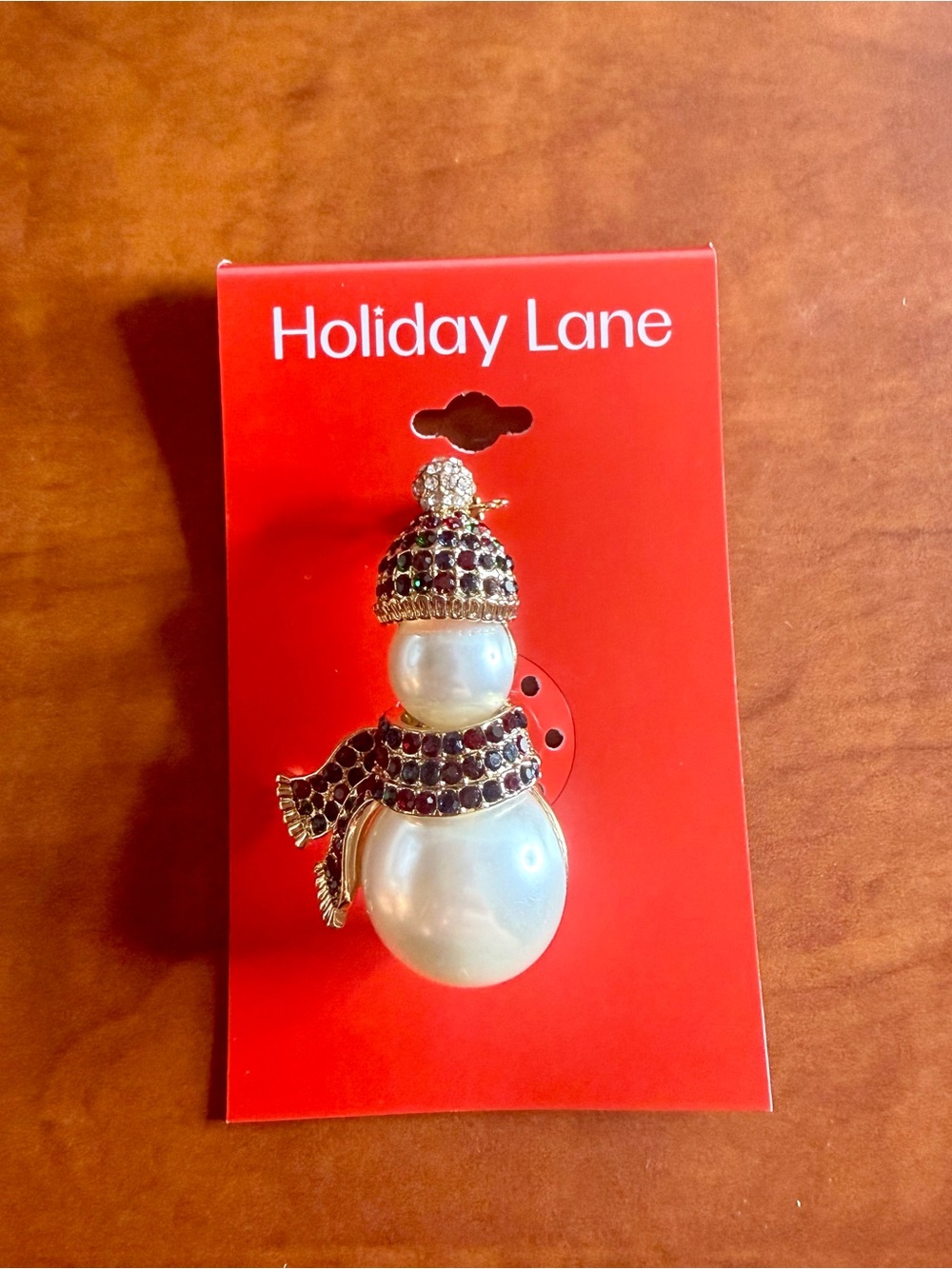 Gold-tone Pearl Snowman Pin in Red Jeweled Accents